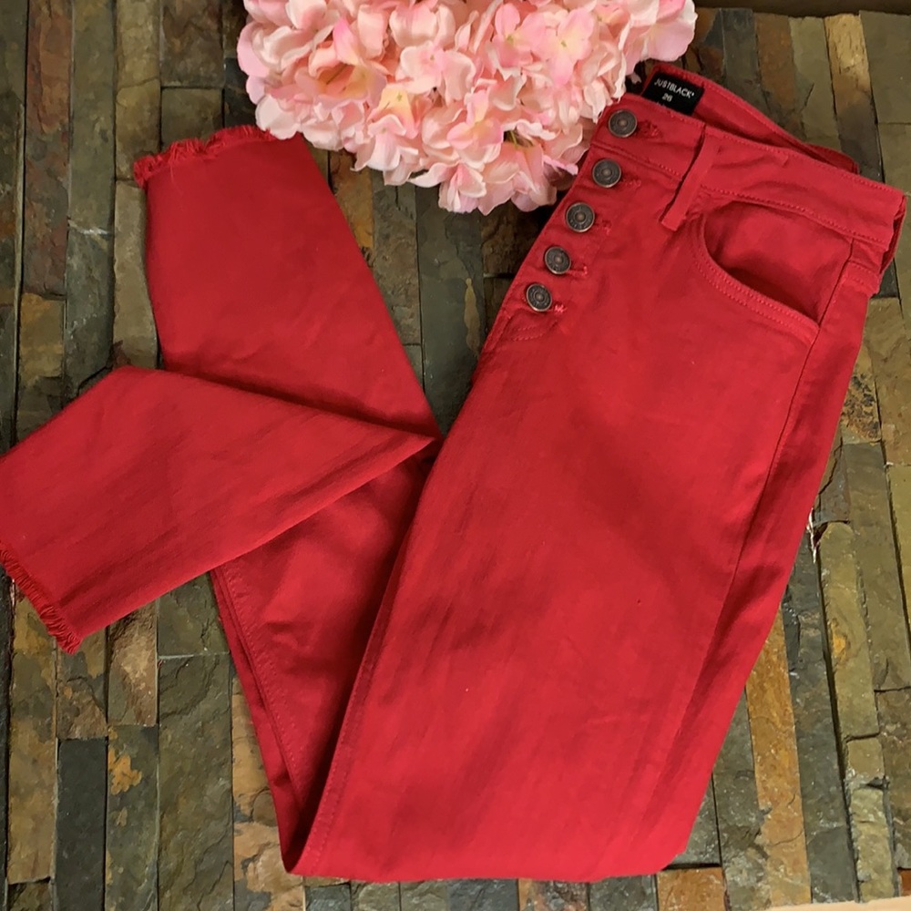 COPY - JUST BLACK Red Button Down Skinny Jeans with Plain Pockets and Raw Hem S…